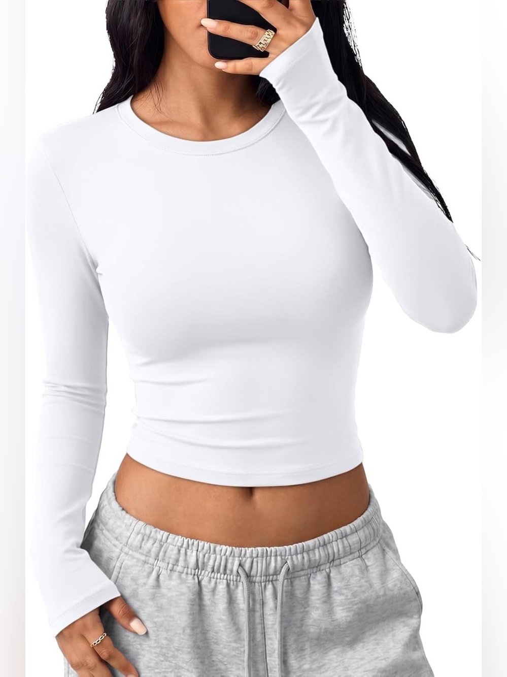 Women's White Long Sleeve Crop Top - Classic Crew Neck